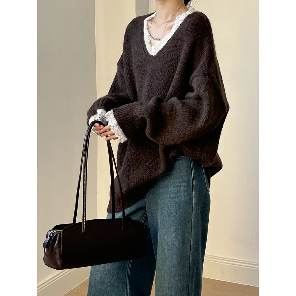 588067-7d6070.jpg Lace Trim Warm Sweater for Women V Neck Long Sleeve Winter Loose Soft Top Knit Sweater - Image 1
