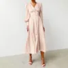 High Waisted Slim Fit Elegant Party Dress V-Neck Ruched Vintage Midi Dress Long Lantern Sleeves Solid Color Evening Dress Women 2