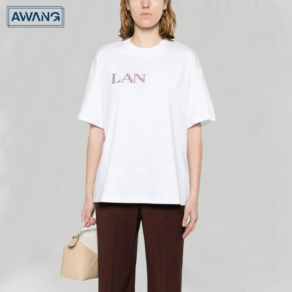 

Женская свободная футболка AwangAcstudios2024, с круглым вырезом и коротким рукавом, с цветочной вышивкой алфавита, 100% хлопок, летний сезон