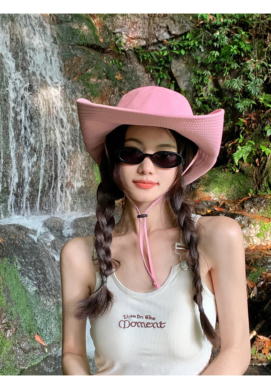Rosa Sonnenhüte, süßer Stil, Sommer-Cowboy-Sonnenhüte, Outdoor-Wandermütze, Sonnenhüte für Mädchen, rosa Fischerhüte, rosa Hexenhut, Strohhut – Detail 7