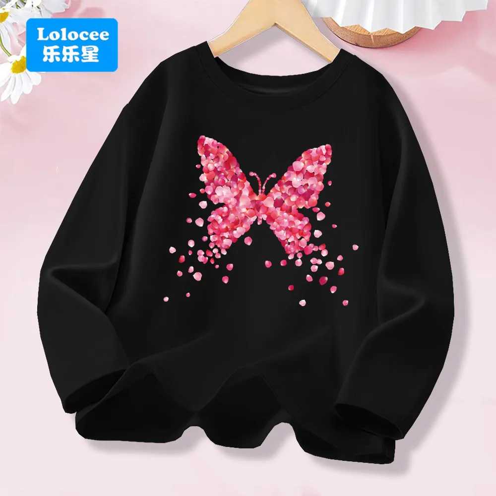 Pink Flower Butterfly Graphic Long Sleeve Girls' Fashion Tee
