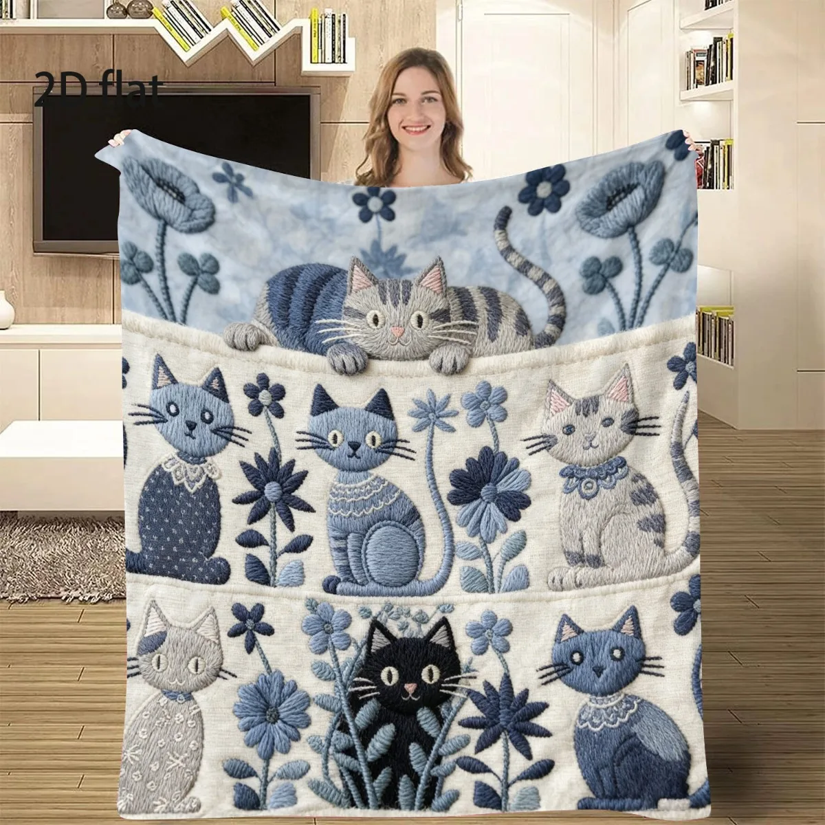 1 pièce, couverture confortable à motifs plats en 2D, couverture décorative pour canapé avec broderies de chats, idéale pour l’hiver, convient pour le salon, les voyages en voiture, les activités de plein air, le camping, comme cadeau ou pour les fêtes, motifs plats en 2D. 1