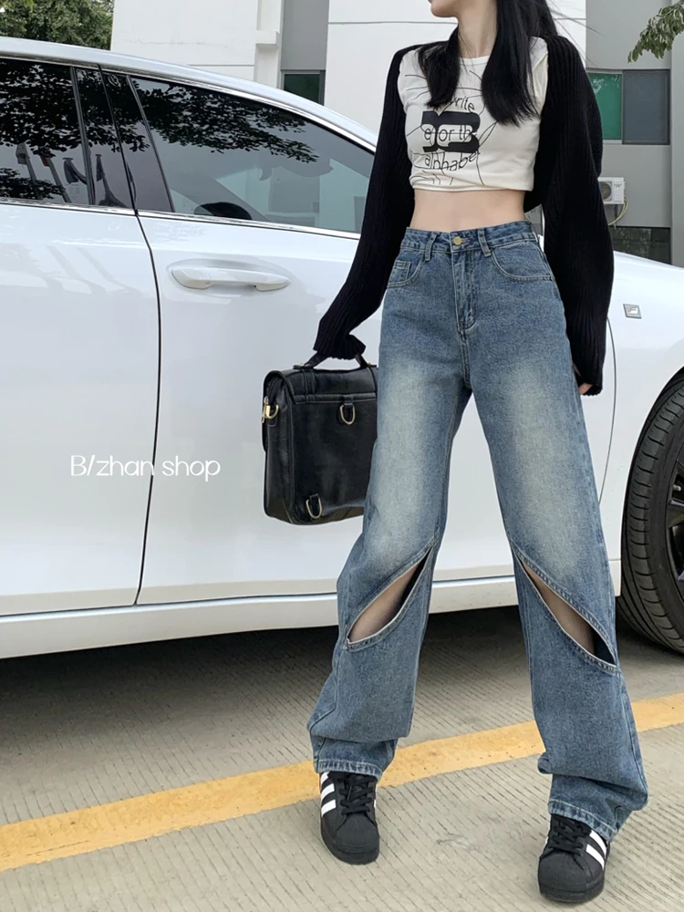 Vintage Holes Streetwear Blue High Waist Women Jeans American Fashion Streetwear Wide Leg Denim Trousers Baggy Denim Pants