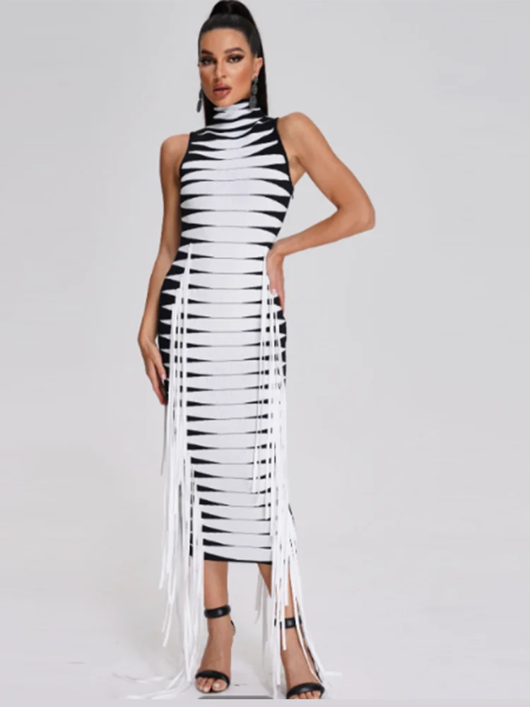 

Sexy Black White Striped Striped Jacquard Tassel Long Bandages Dress Women Patchwork Bodycon Dress Cocktail Party Club Dresses