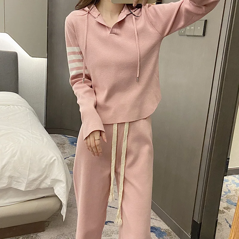 TB Korean Style Four Bar Knit Suit Small Crowd Long Sleeve Top Hooded High Waist Casual Straight Pants Two-piece Autumn Set