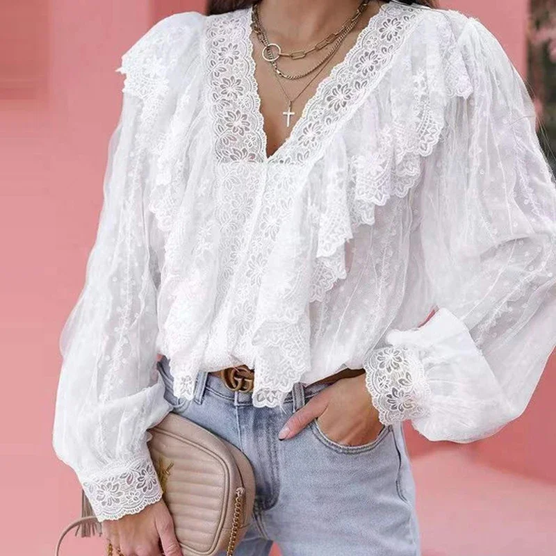 

Sweet White V-Neck Tops Elegant Ruffles Blouse Vintage Floral Lace Shirt New Autumn Long Sleeve Shirt Women Loose Clothes 28015
