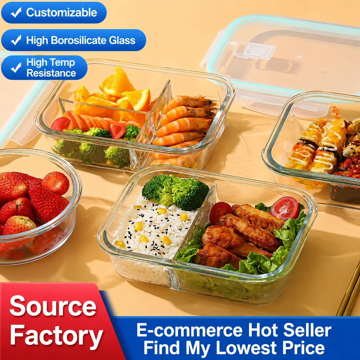 Microwave-Safe Divided Glass Meal Prep Containers - Bento Lunch Box with High Borosilicate Storage Bowls, Assorted Colors