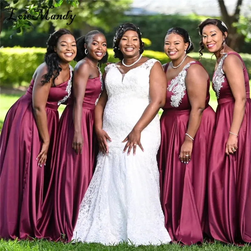 

Applique Lace African Bridesmaid Dresses Long Sexy One Shoulder Sleeveless Party Dress For Women Formal Nigerian Maid Of Honor
