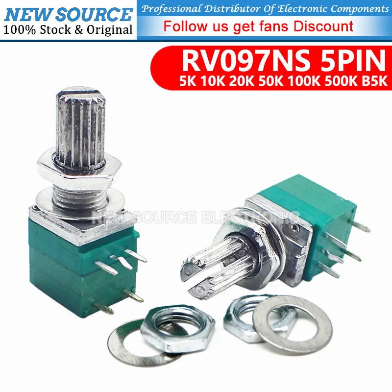 5pcs RV097NS 5K 10K 20K 50K 100K 500K B5K with a Switch Audio 5pin Shaft 15mm Amplifier Sealing Potentiometer NEWSOURCE