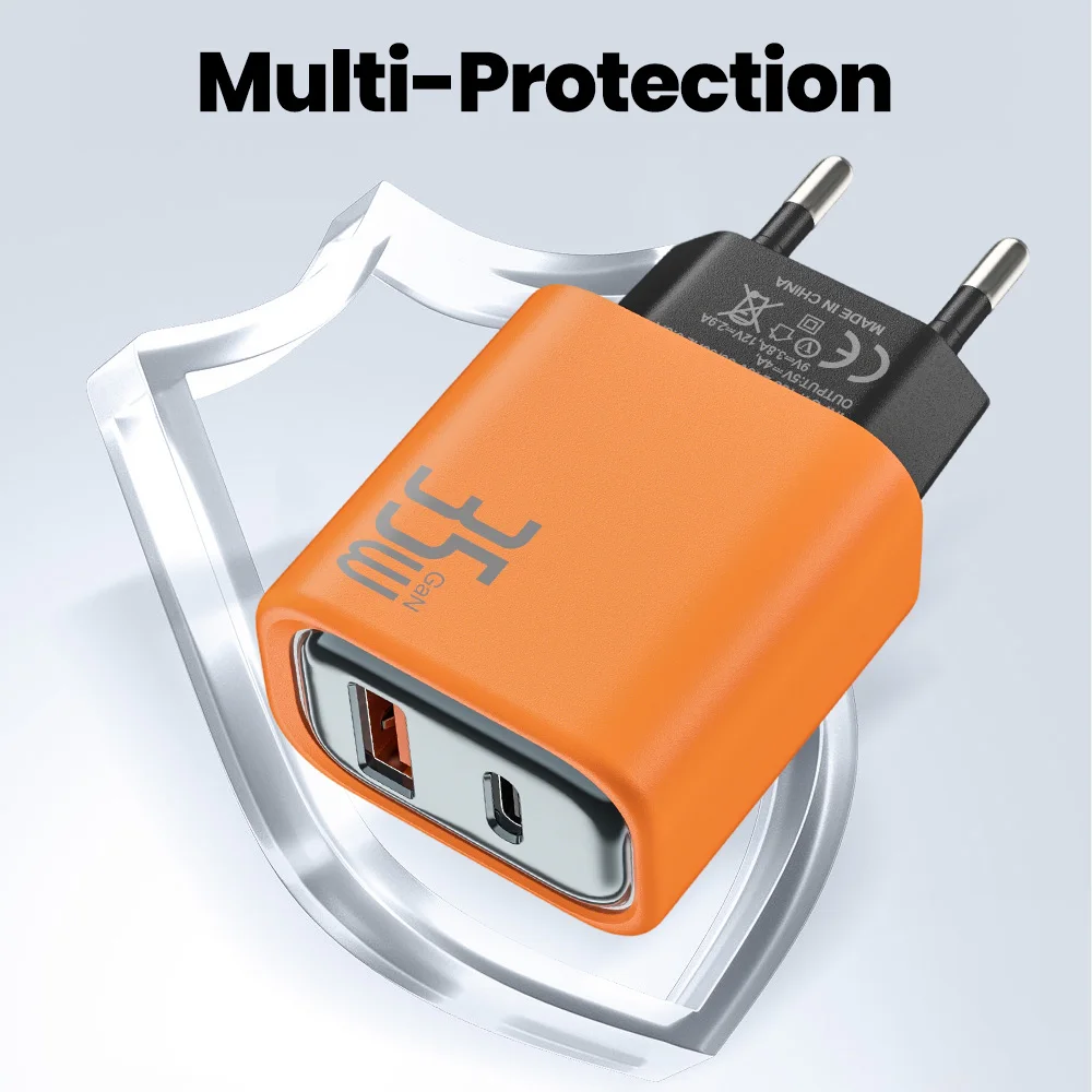 Dual-Port 35W Fast USB Wall Charger with USB-C and QC3.0 Technology