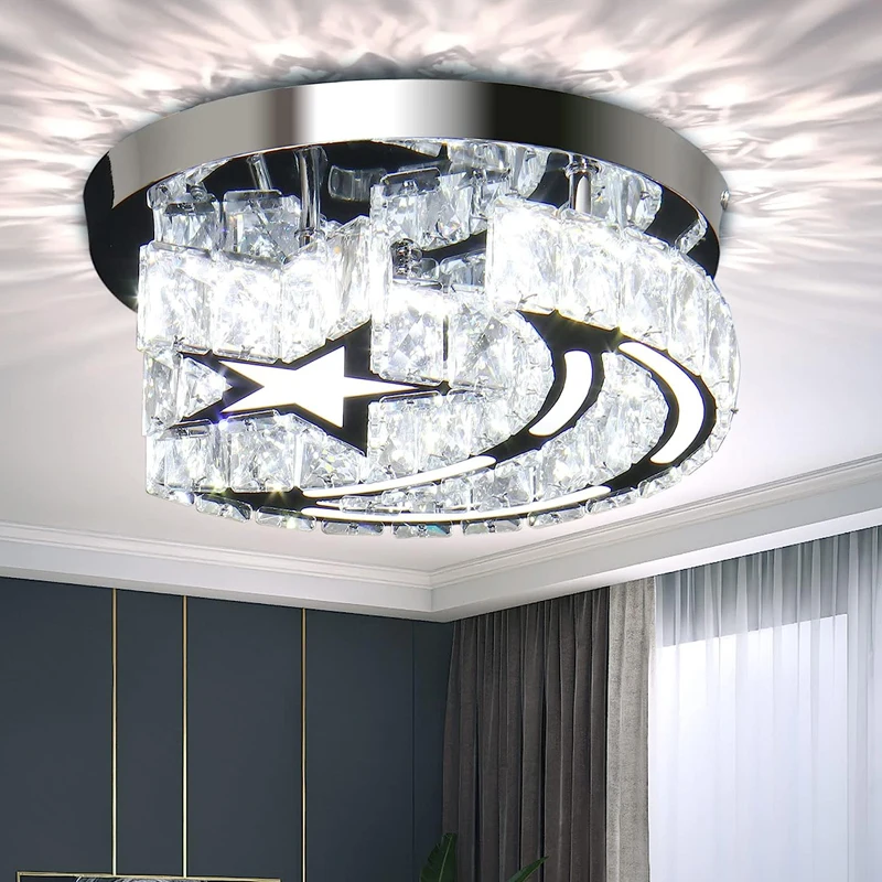 

Mini Crystal Ceiling Light Modern LED Chandelier Gold Star Moon Light Fixture for Dining Room Hallway Entryway Foyer