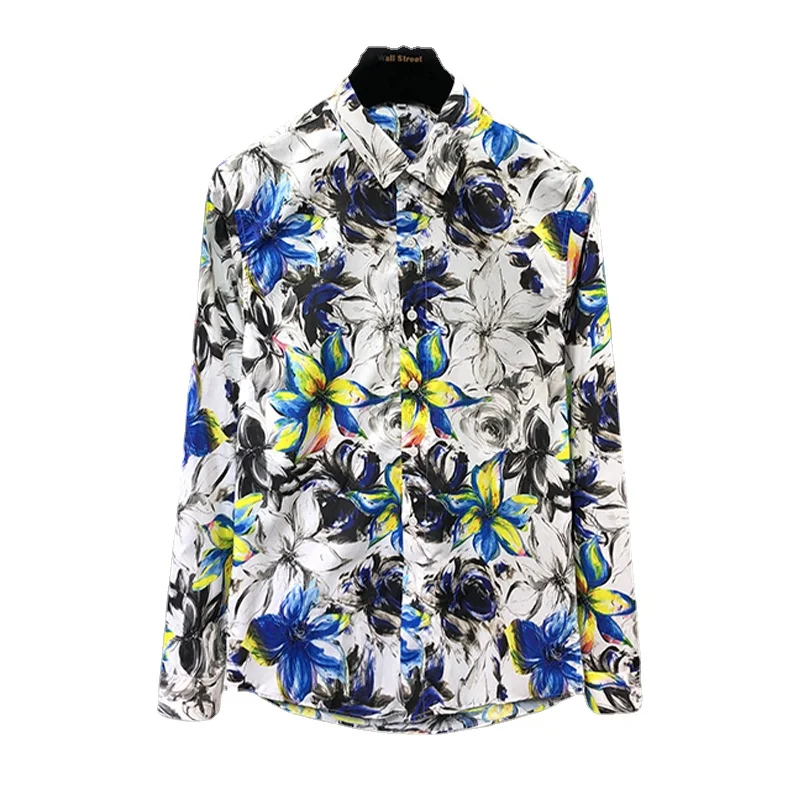 

Рубашка мужская приталенная с длинным рукавом, модная повседневная универсальная сорочка из хлопка с цифровым принтом, в европейском стиле, весна-осень