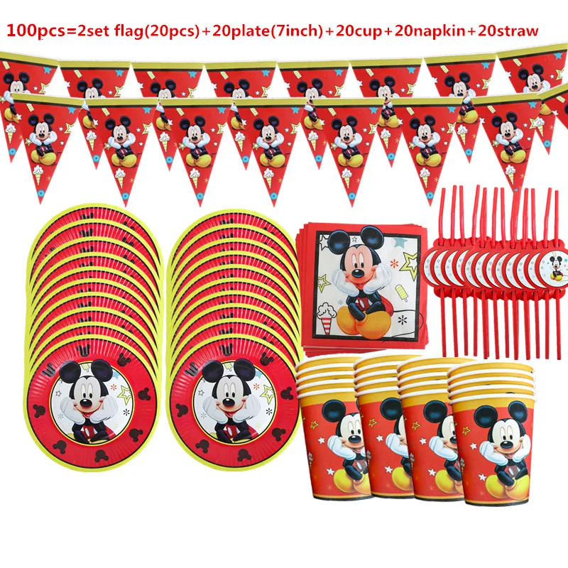 1Set Red Mickey Mouse Theme Disposable Paper Cups Plates Flexible Straws Baby Shower Kid Birthday Napkin Decoration Supplies 