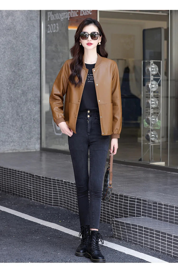 New Women Casual Leather Jacket Spring Autumn Fashion Patchwork V-Neck Single Breasted Loose Short Outerwear Split Leather