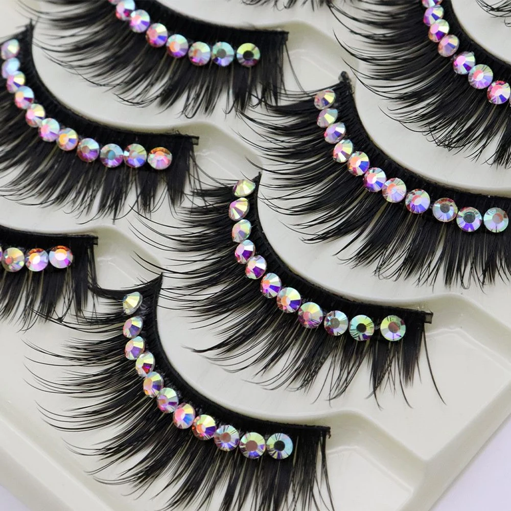 

1/5Pairs Soft Mink False Eyelashes Natural 3D Fake Eye Lashes with Shiny Rhinestones Makeup Party Colored Extension Eyelashes