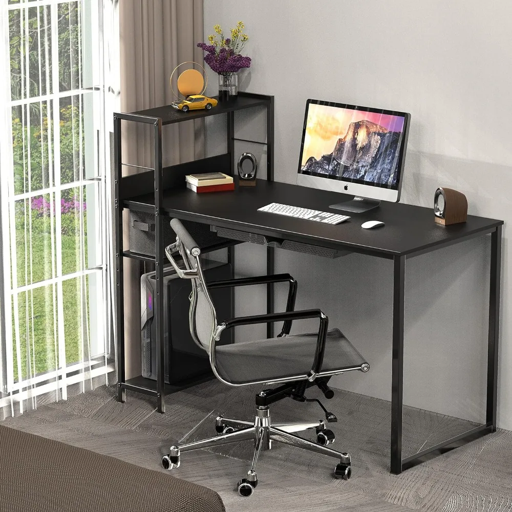 

Black Office Desks 46-Inch Mission Desk With Side Shelf Computer Table Room Desk to Study Reading Gaming Gamer Motion Organizer