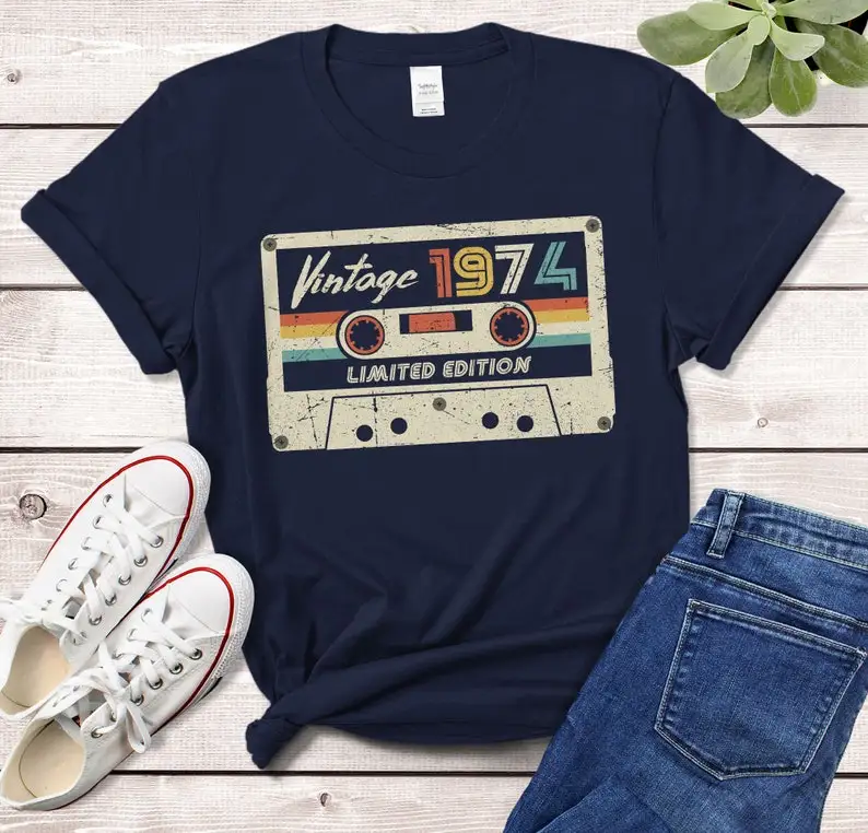 Vintage 1974  Cassette T-Shirt Made in 1974 48th birthday years old Gift for Mom Dad 48th birthday idea Classic shirt cotton y2k black t shirt Tees
