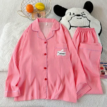 التطريز إلكتروني منامة مجموعة مخطط أرنب طباعة الخريف طويلة ملابس خاصة المنزل دعوى 2025 التلبيب الرقبة جديد 2 قطعة منامة المرأة