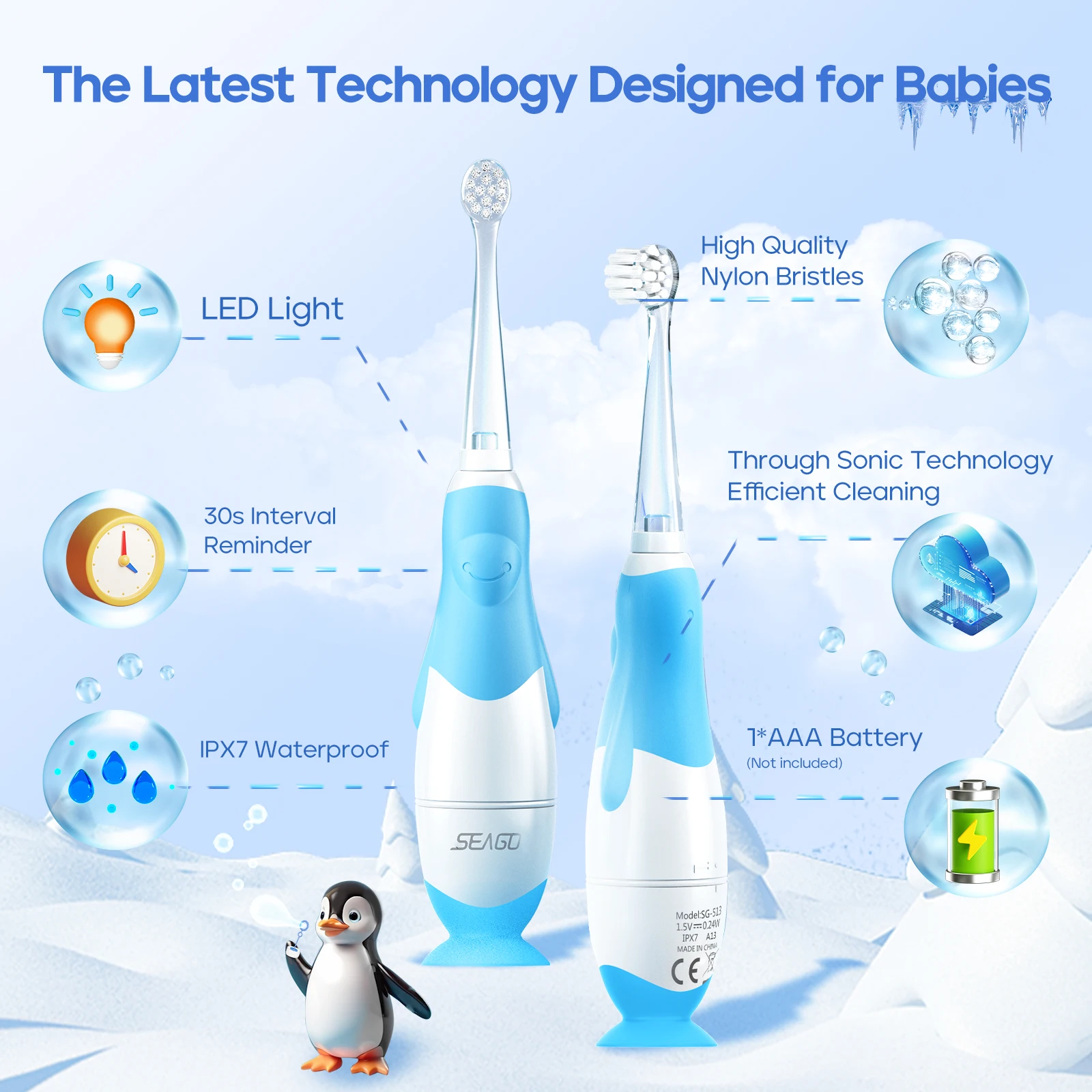 Kids Electric Toothbrush, Seago with 4 Replacement Brush Heads