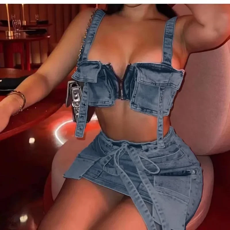 Women's 3D Pockets Patchwork Denim 2 Piece Set Hot Girls Zipper Strapless Crop Tops High Waist Lace Up Skirt Trend Streetwear