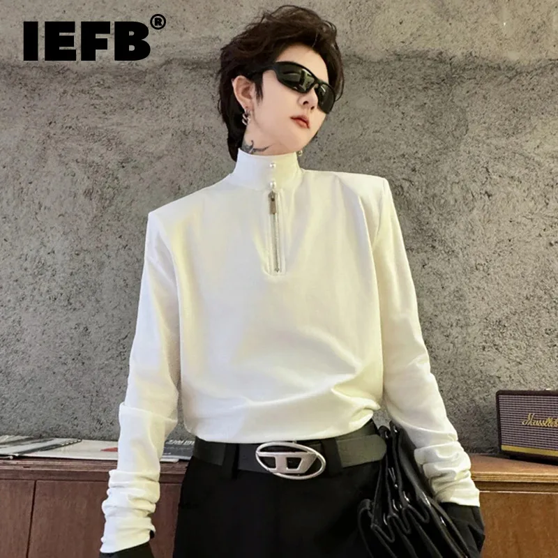 

IEFB Pearl Zipper Trim Men's T-shirt Korean Fashion Mock Neck Solid Color Male Long Sleeve Tops Spring New Stylish 2024 9C4239