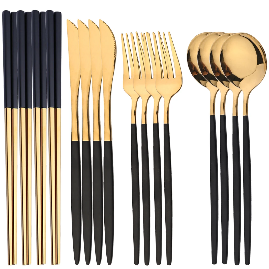 

16Pcs Dinnerware Sets Stainless Steel Cutlery Mirror Flatware Kitchen Knife Forks Spoons Chopsticks Dinner Tableware Kitchen