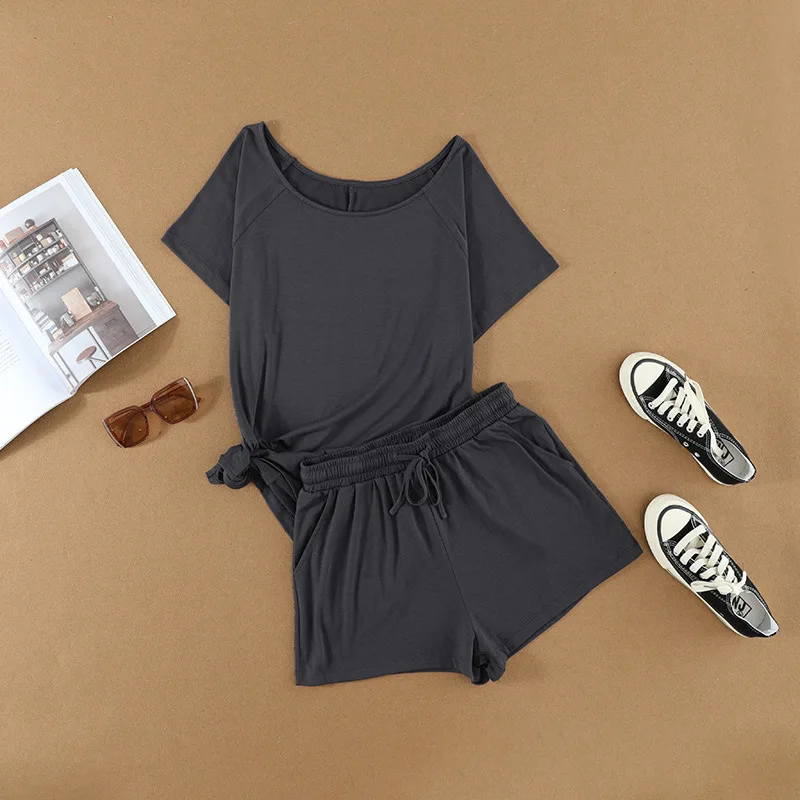 Solid-color Home Clothing Female New Tie with Short-sleeved Basic Home Clothing Set Pajamas Women's Spring and Summer