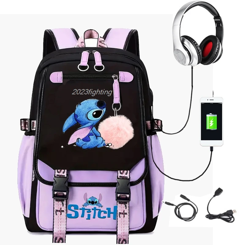 Stitch Backpacks Teenager USB Charging Laptop Backpack Women Men Rucksack Patchwork Travel Bag Mochilas