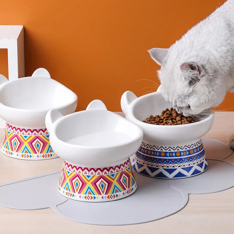 Creative Dog and Cat Bowl, Ceramic to protect the cervical spine, anti-overturning, high foot oblique mouth, pet food bowls, 1Pc