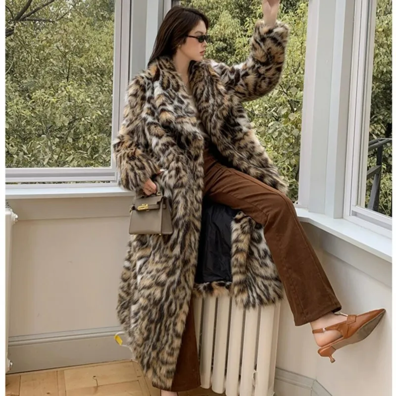 2023 Winter Animal Leopard Faux Fur Extra Long Coat Full Sleeve Bow Sashes Loose Warm Shaggy Jacket Loose Outerwear