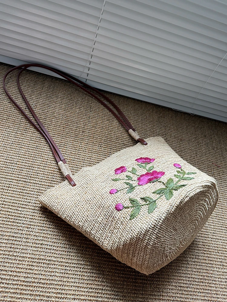 Fashion Cute Flower Bag Embroidery Woven Large Shoulder Bag Handbag Luxury Tote Shopping Vacation Holiday Shopping Bag