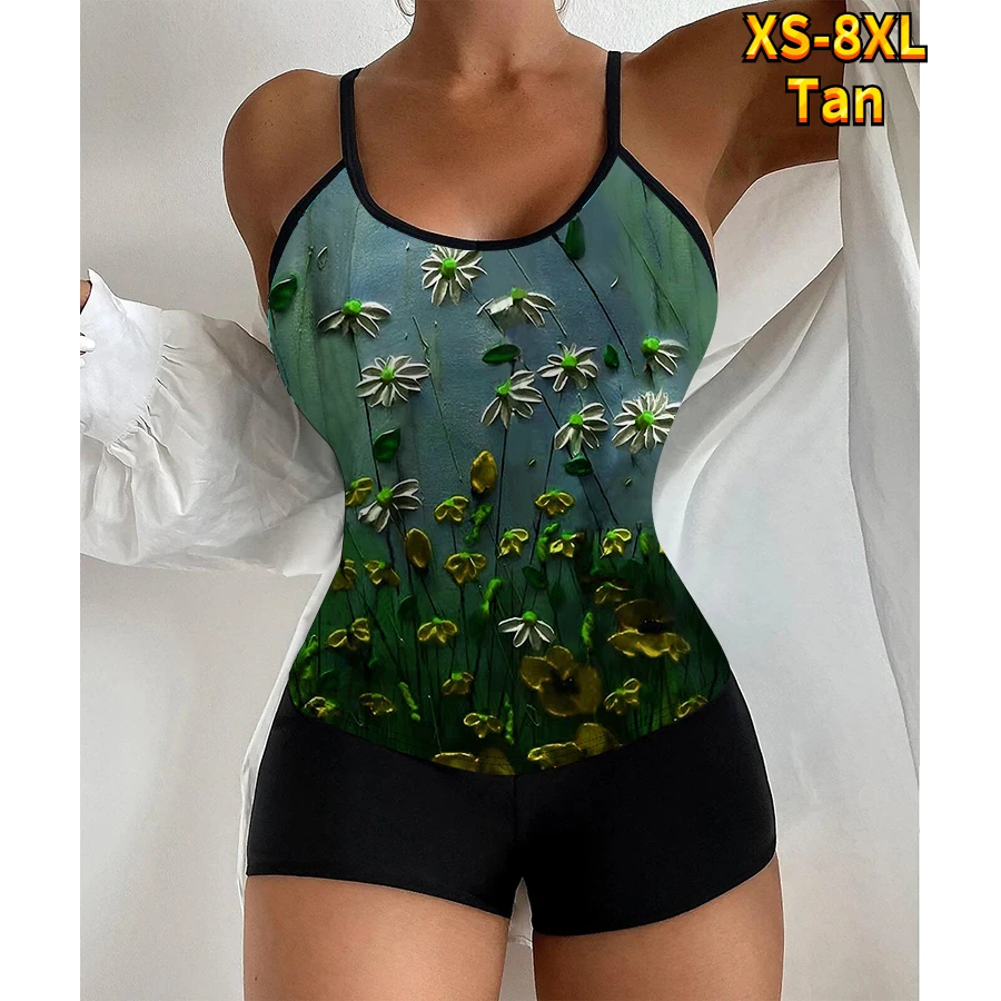 Abstract Printing Monokini Vintage Beach Wear Plus Size Swimwear Bathing Suit Women Swimsuit Bikini Set Summer Loose Tankini
