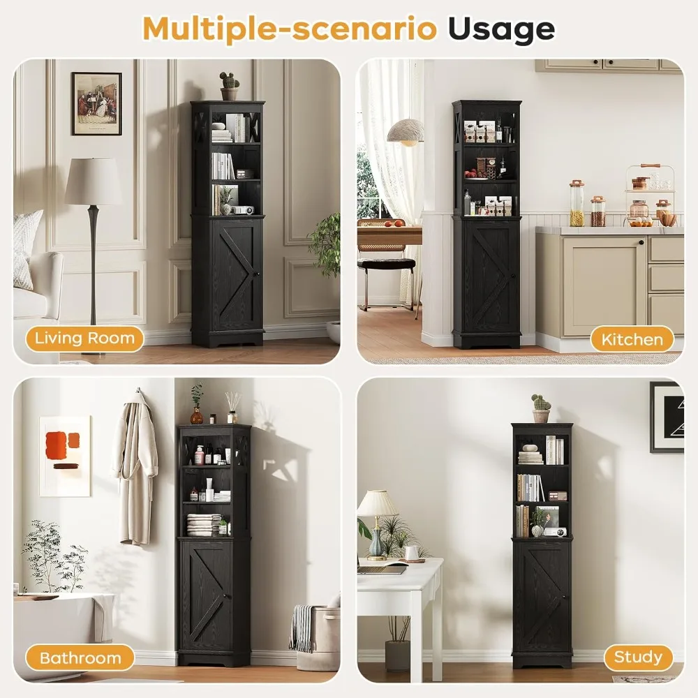 Farmhouse Tall Narrow Storage Cabinet with Door & Shelves, Freestanding Organizer for Bathroom Kitchen
