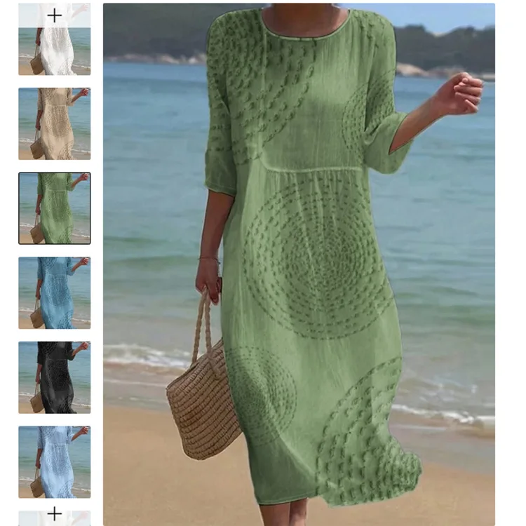 Spring Summer New Short-sleeved Casual Printed Dresses For Women's Retro Loose O Neck Female Small Fresh Holiday Robe Dress 2026