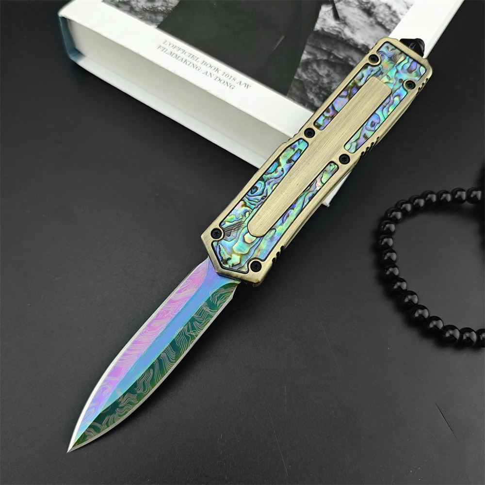 

Sca Gold Abalone Shell Handle Hot Selling Folding Knife 440C Colorful Blade EDC Tool Outdoor Pocket AU/TO Knife with Sheath