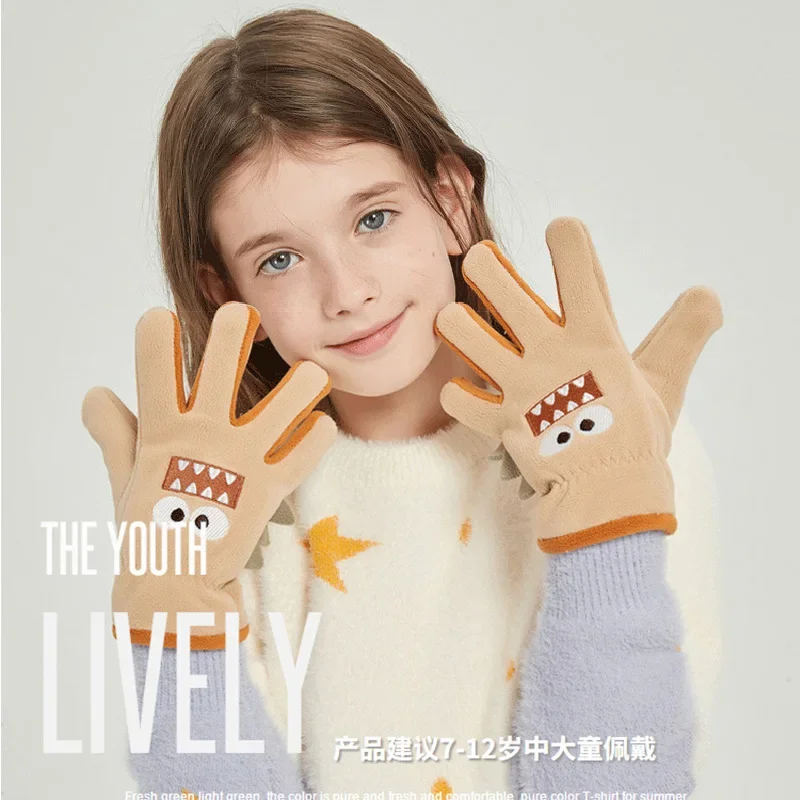5-12 Years Kids Winter Gloves Cartoon Shark Embroidery Coral Fleece Gloves Boy Girl Outdoor Thicken Warm Riding Children