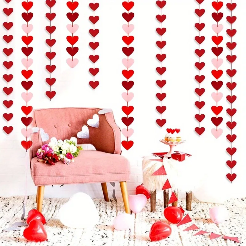 Valentine's Day DIY Felt Heart Garland Pre-Assembled Hanging Decor, Romantic Party Supplies for Birthdays & Home Accents