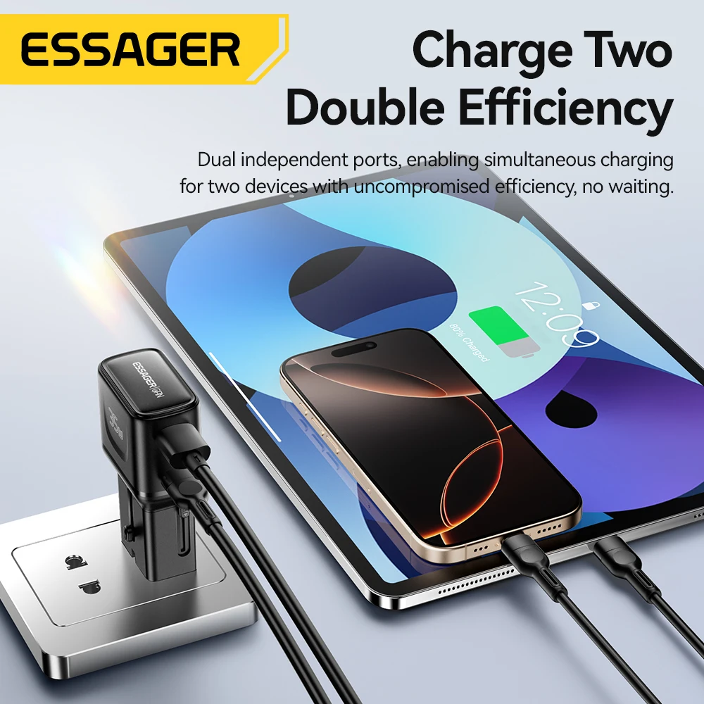 Essager 35W GaN International Travel Adapter Dual Ports USB-C Fast Charging Travel Charger For US/CN EU UK AUS Plug For Travel