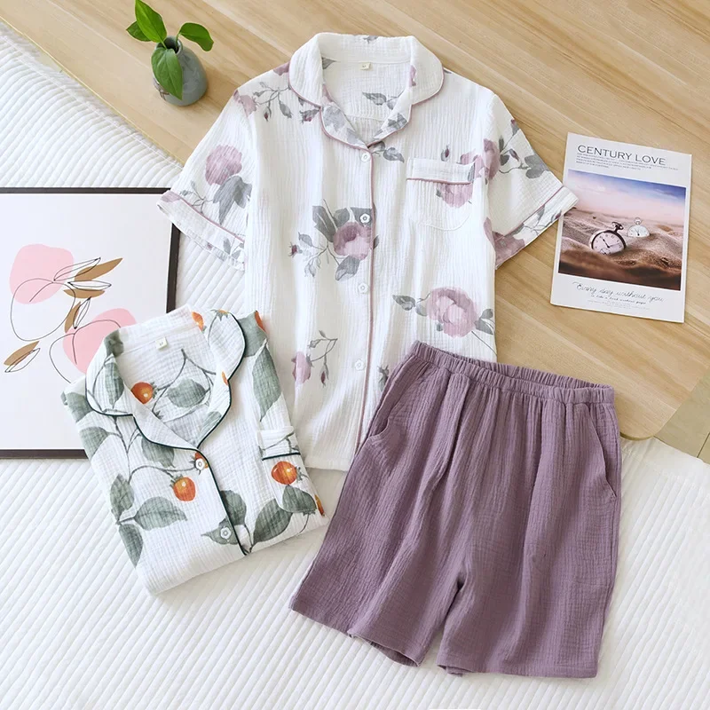 

Floral Home Thin Set Casual Pajamas Short Pure Service Summer Crepe Sleeve Female Ladies Suit New Nightwear Cotton