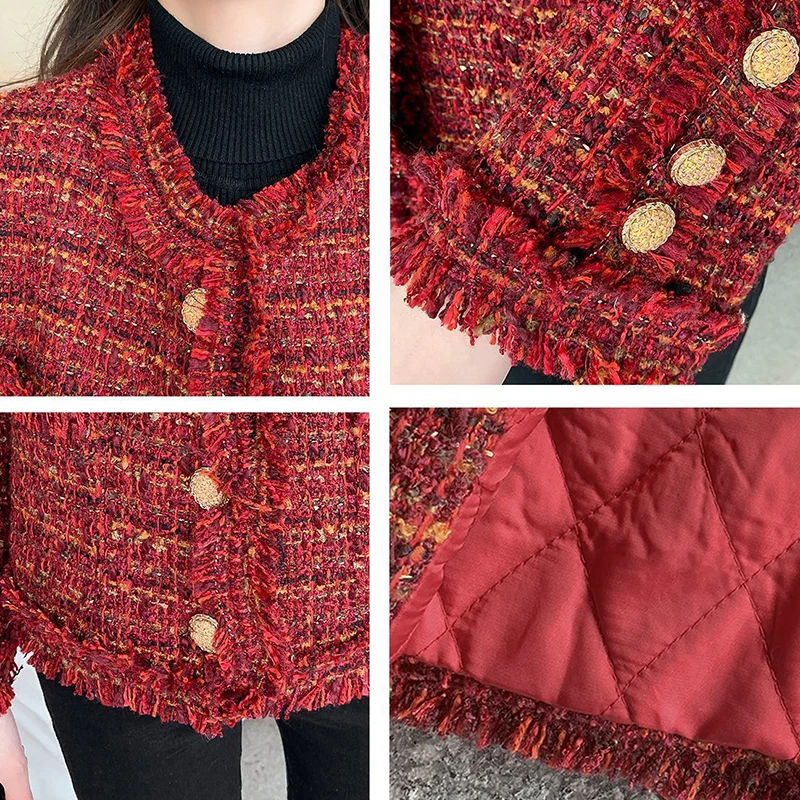 Red Tweed Jacket Women Vintage Single Breasted Short Outwear French Style Tassel Patchwork Long Sleeve Design Coat Autumn Winter