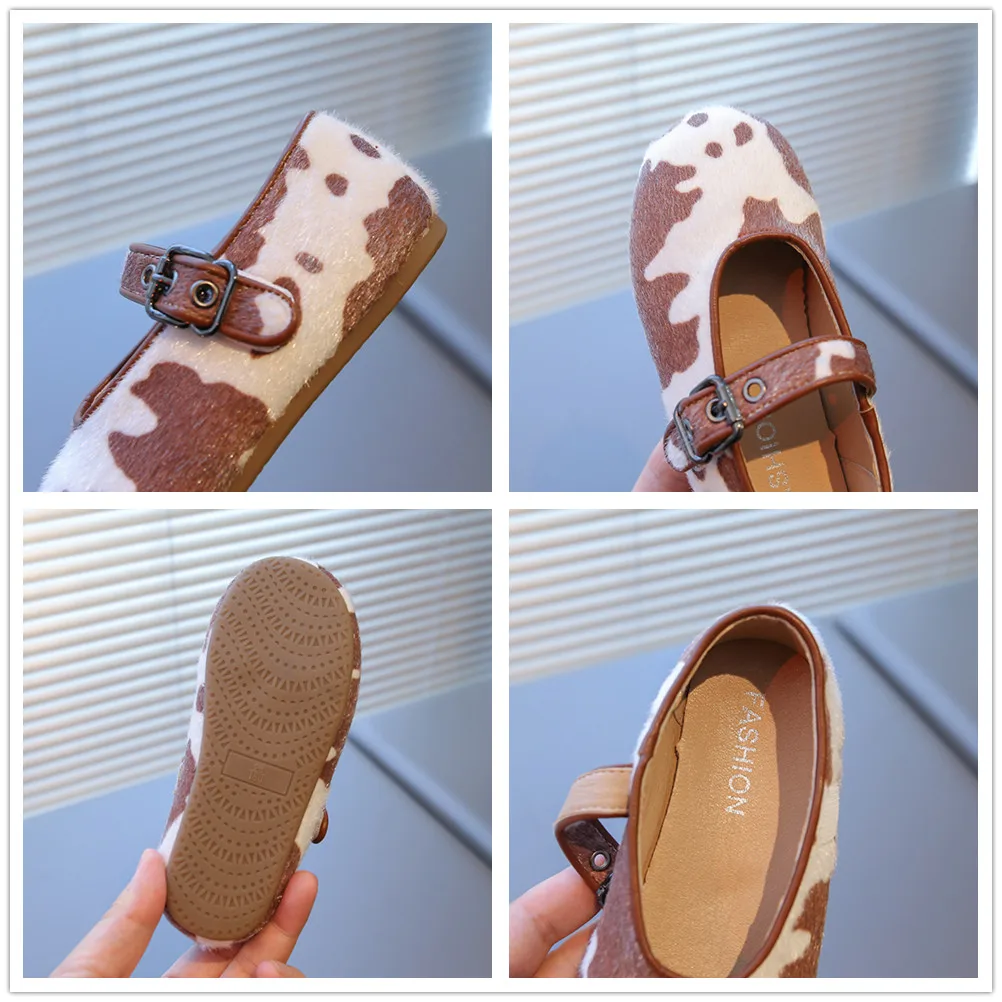 Girls Plush Leather Ankle Strap Ballet Flats