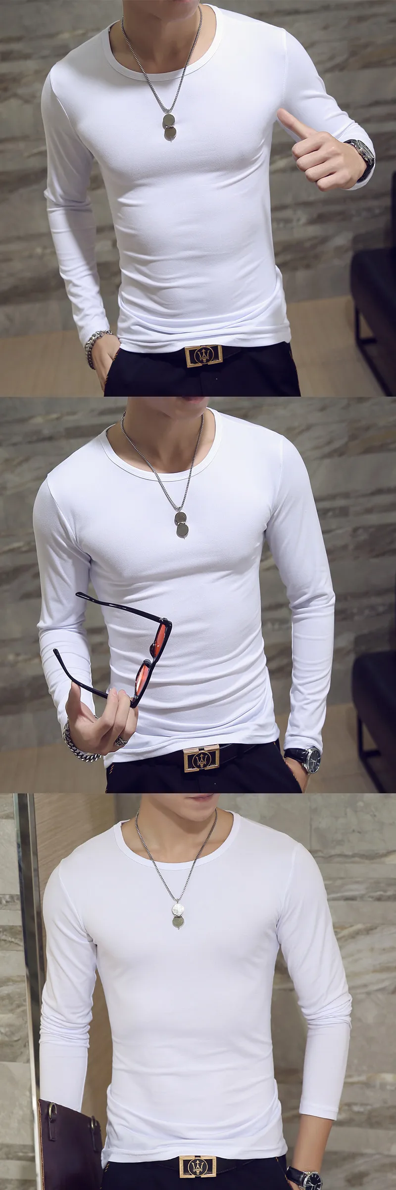 Men T-shirt Long Sleeve Solid Color Bottoming Shirts O-neck