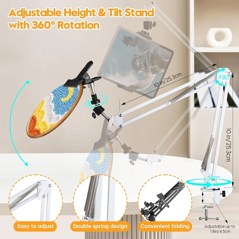 A69E-White Adjustable Embroidery Hoop Stand For Handwork, 3 In 1 Hoop/Tablet/Phone Holder Desktop Stand, Needlework Frame