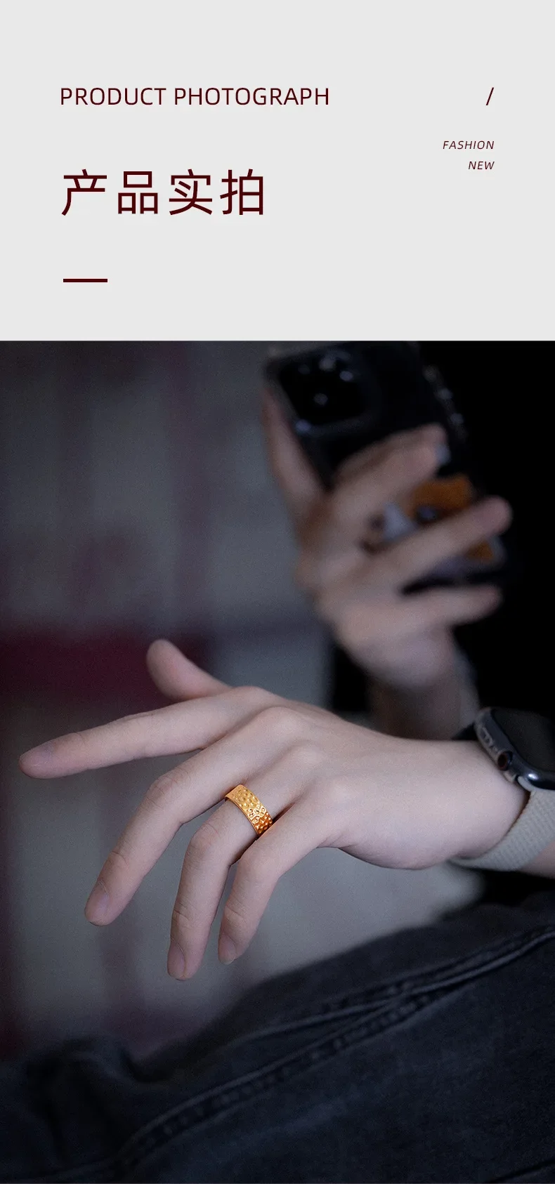 Hammer Pattern Ring for Couples 9999 24K Real Gold Personalized Textured Plain Rings for Men Women