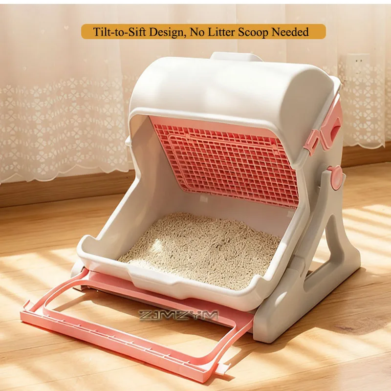 Semi‑Automatic Tilt Sifting Cat Litter Box No Scoop Needed Open‑Top Cat Toilet with Waste Drawer PP Resin for Cats up to 16.5lbs