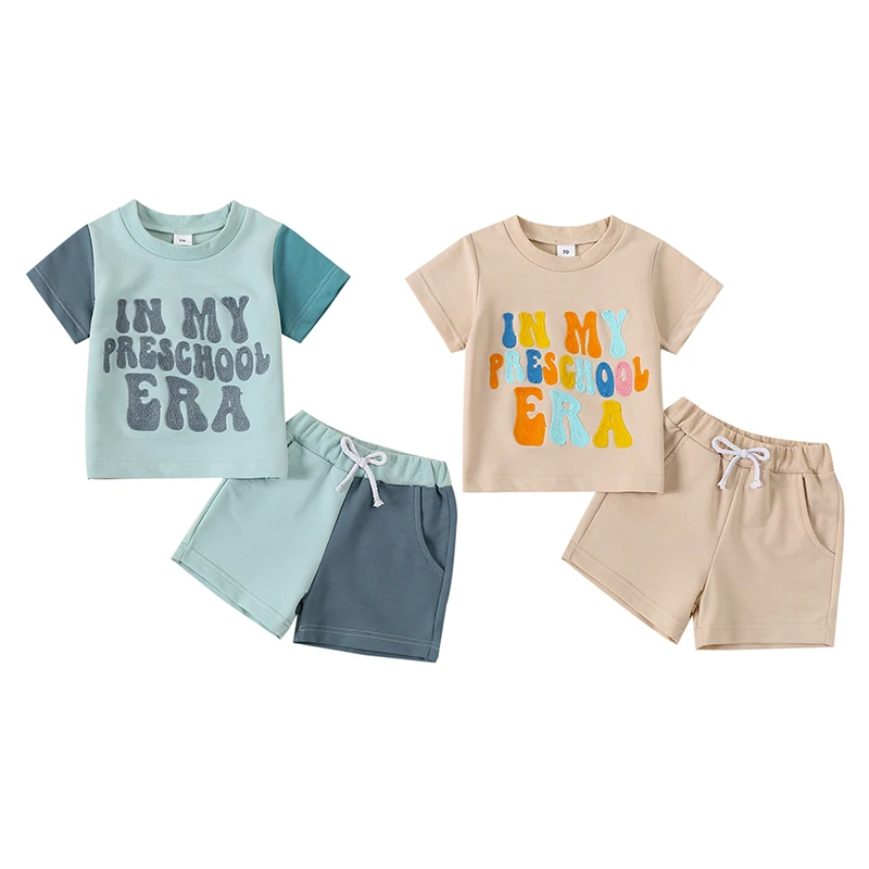 

2024-03-28 Lioraitiin 2-6Y Kid Boy Summer Outfits Short Sleeve Letter Embroidery T-Shirt + Pocket Shorts Set Infant Clothes