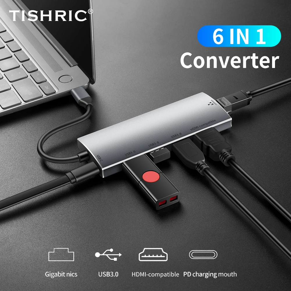 

USB-концентратор TISHRIC 6 в 1 с-C на USB 3,0 HDMI-совместимый/Rj45 Lan Ethernet 4K адаптер концентратор для MacBook Pro компьютерные аксессуары