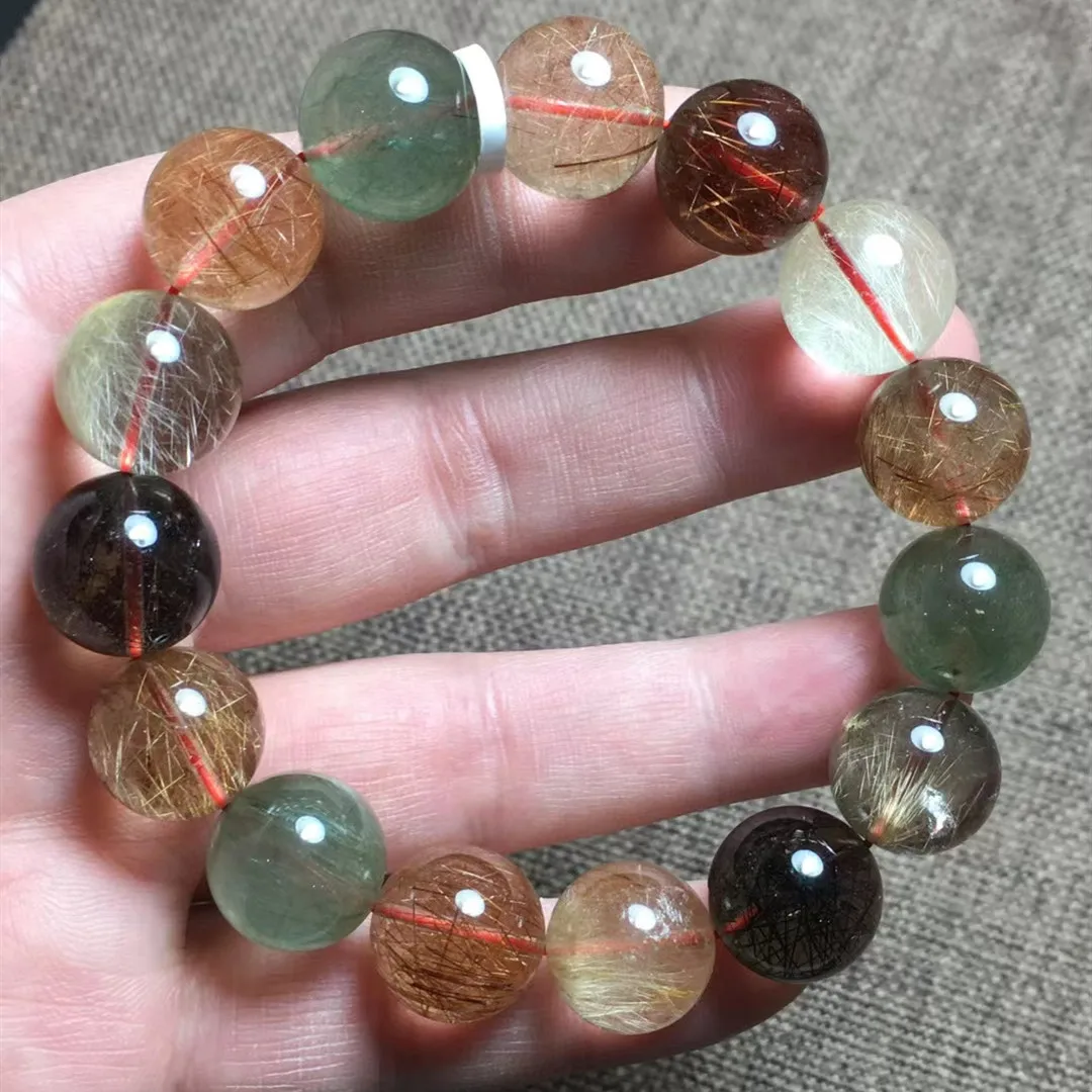 

Natural Colorful Rutilated Quartz Bracelet 14.3mm Big Size Gold Copper Rutilated Clear Round Beads Women Man Bracelet AAAAA