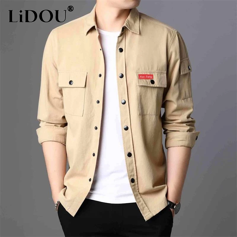 

Spring Autumn Solid Color Turn-down Collar Single Breasted Shirt Man Cotton Pockets Loose Casual Cardigan Street All-match Coat