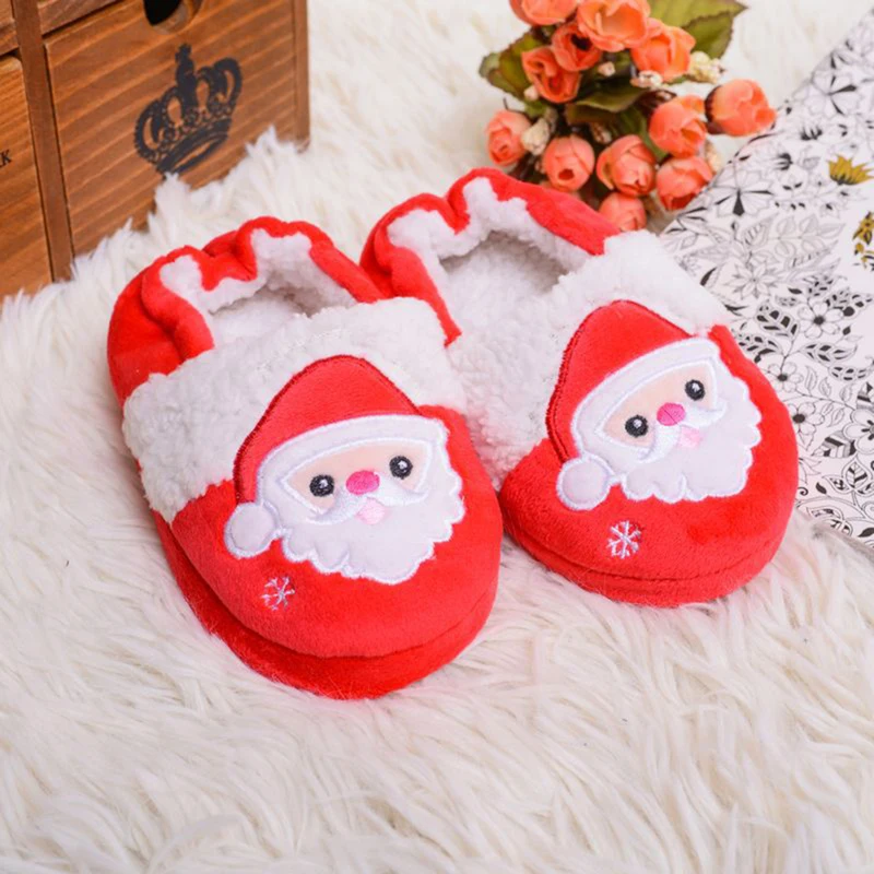 Kids Christmas Fuzzy Home Slippers Cute Santa Claus/Reindeer Warm Non-Slip Soft Sole Indoor Shoes for Boy Girl